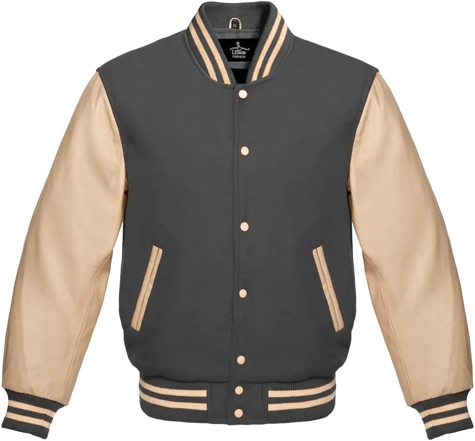 Varsity Jacket Baseball Letterman Bomber Wool & Cream Genuine leather sleeves