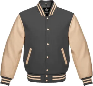 Varsity Jacket Baseball Letterman Bomber Wool & Cream Genuine leather sleeves