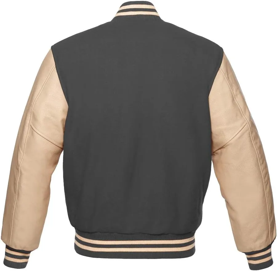 Varsity Jacket Baseball Letterman Bomber Wool & Cream Genuine leather sleeves