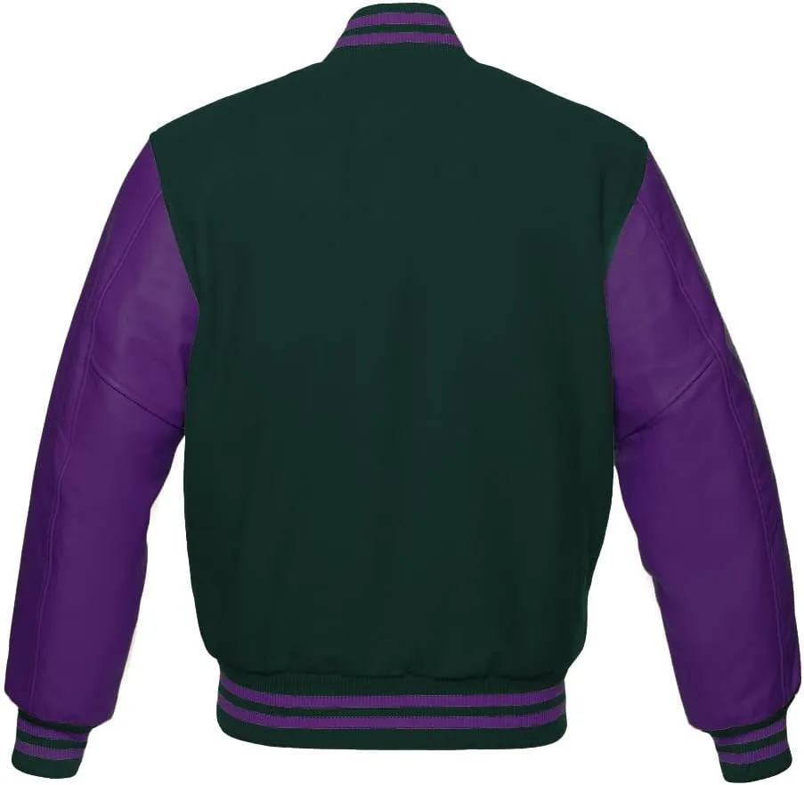 Varsity Jacket Baseball Letterman Bomber Wool & Purple Genuine leather sleeves