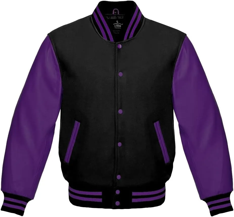 Varsity Jacket Baseball Letterman Bomber Wool & Purple Genuine leather sleeves