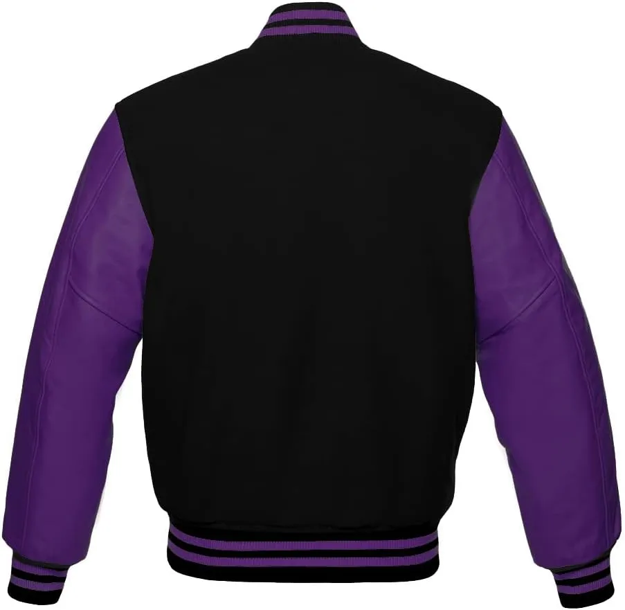 Varsity Jacket Baseball Letterman Bomber Wool & Purple Genuine leather sleeves