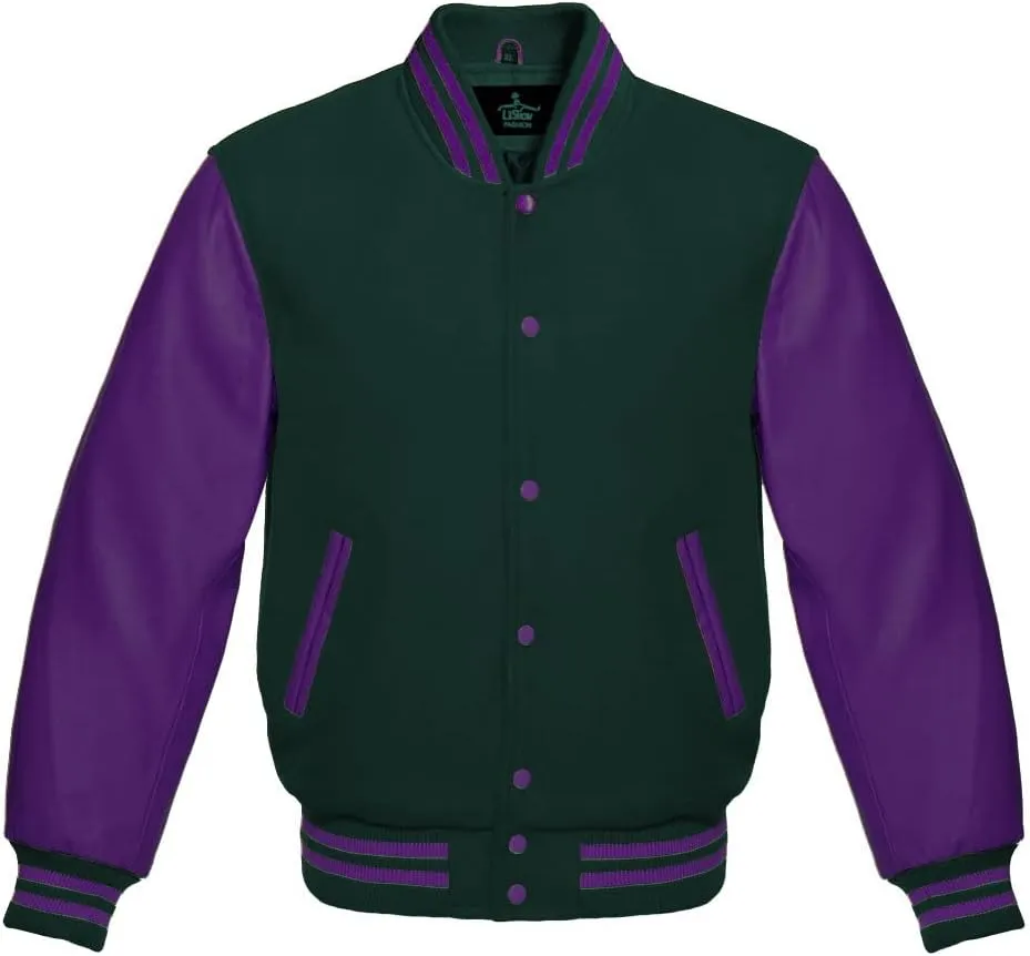 Varsity Jacket Baseball Letterman Bomber Wool & Purple Genuine leather sleeves