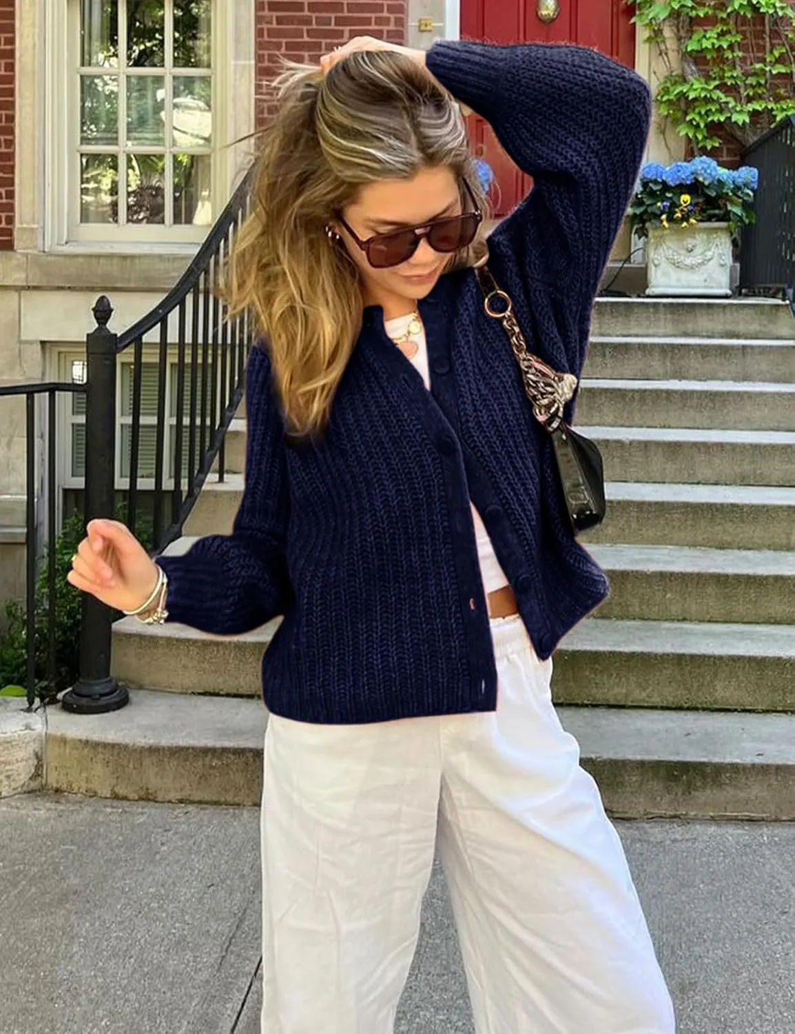VDWIP Womens Cardigan Sweaters Button Down Chunky Knit Sweater Fall Loose Long Sleeve Cropped Cardigan