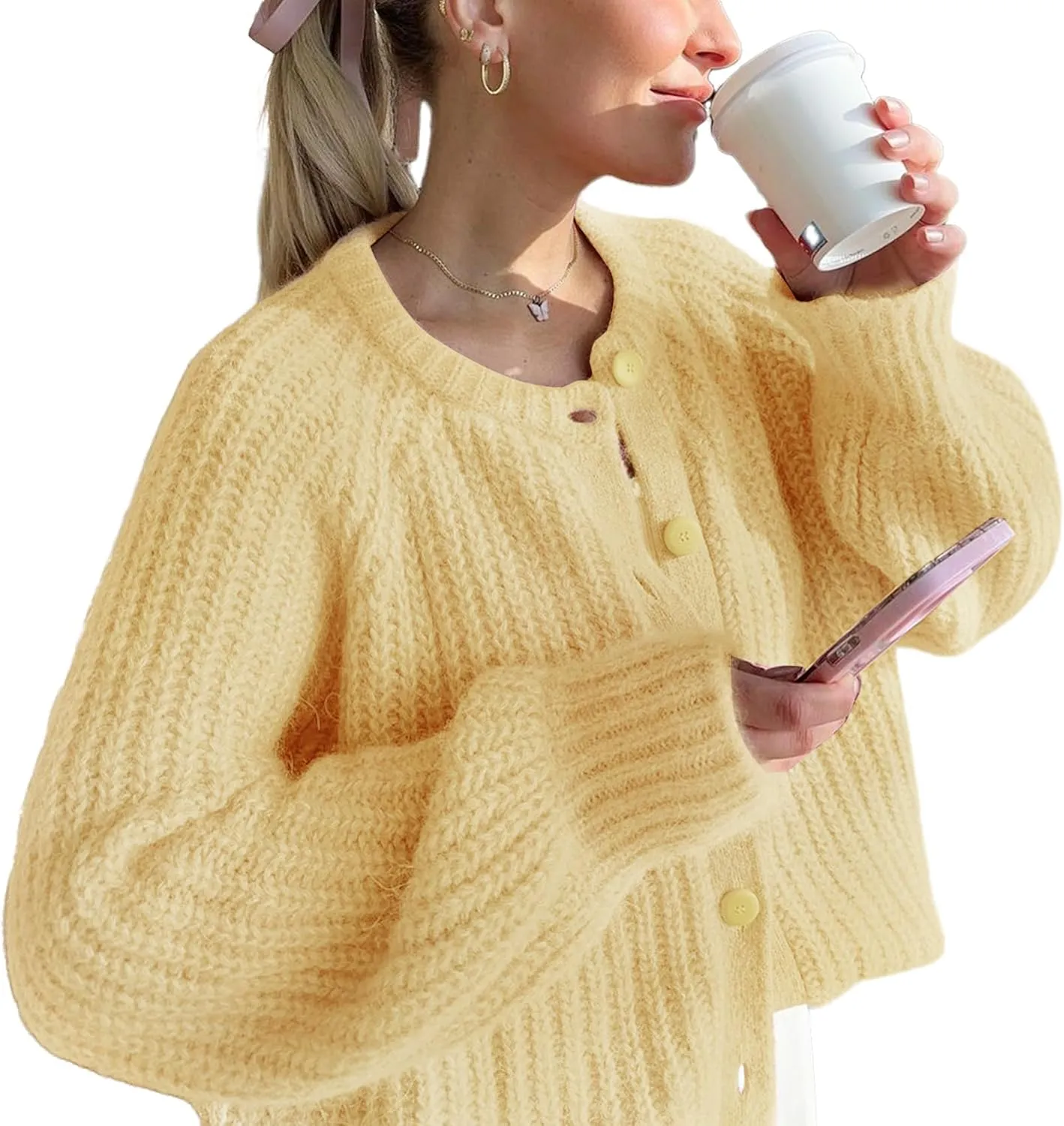VDWIP Womens Cardigan Sweaters Button Down Chunky Knit Sweater Fall Loose Long Sleeve Cropped Cardigan