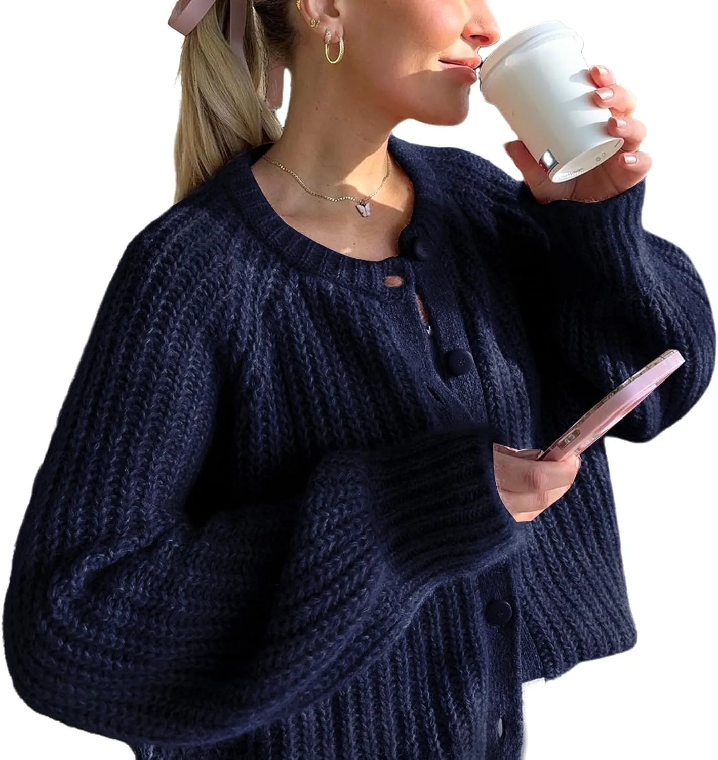 VDWIP Womens Cardigan Sweaters Button Down Chunky Knit Sweater Fall Loose Long Sleeve Cropped Cardigan