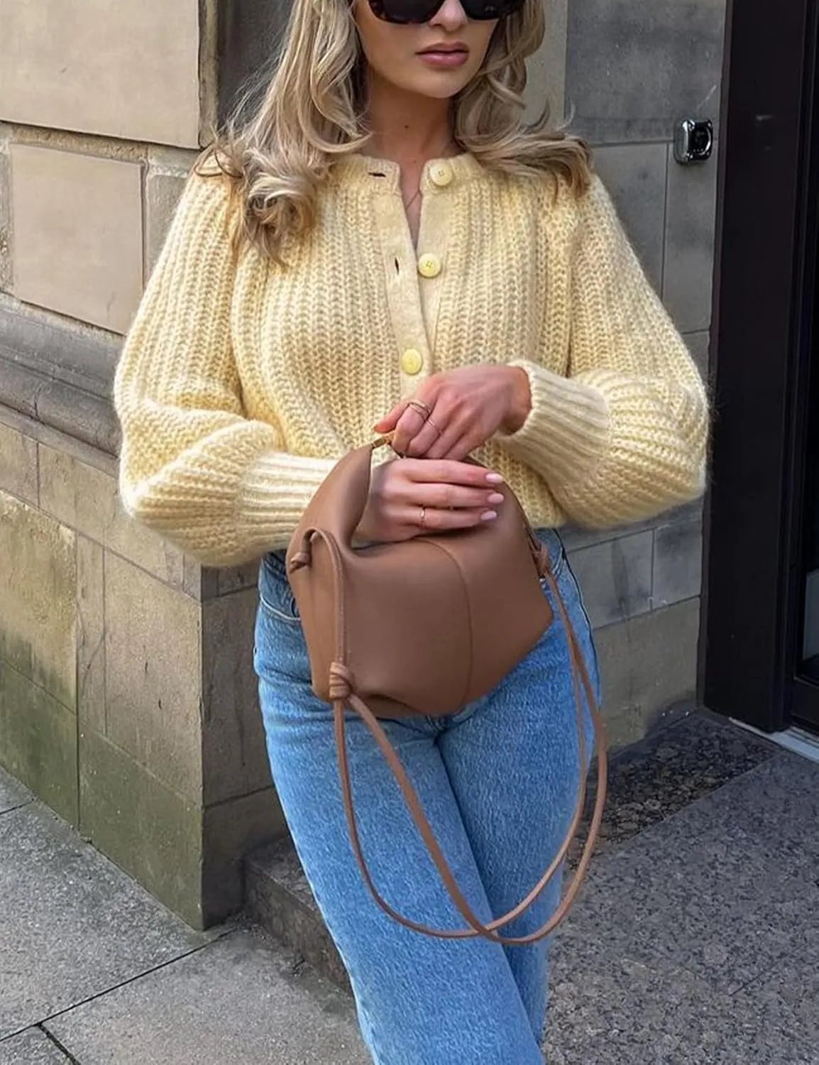 VDWIP Womens Cardigan Sweaters Button Down Chunky Knit Sweater Fall Loose Long Sleeve Cropped Cardigan