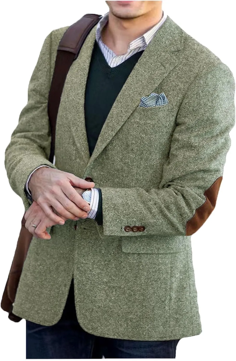 VENNYNG Brown Men's Tweed Blazer Suit Jacket with Elbow Patches Single Breasted Male Short Vintage Trench Coat