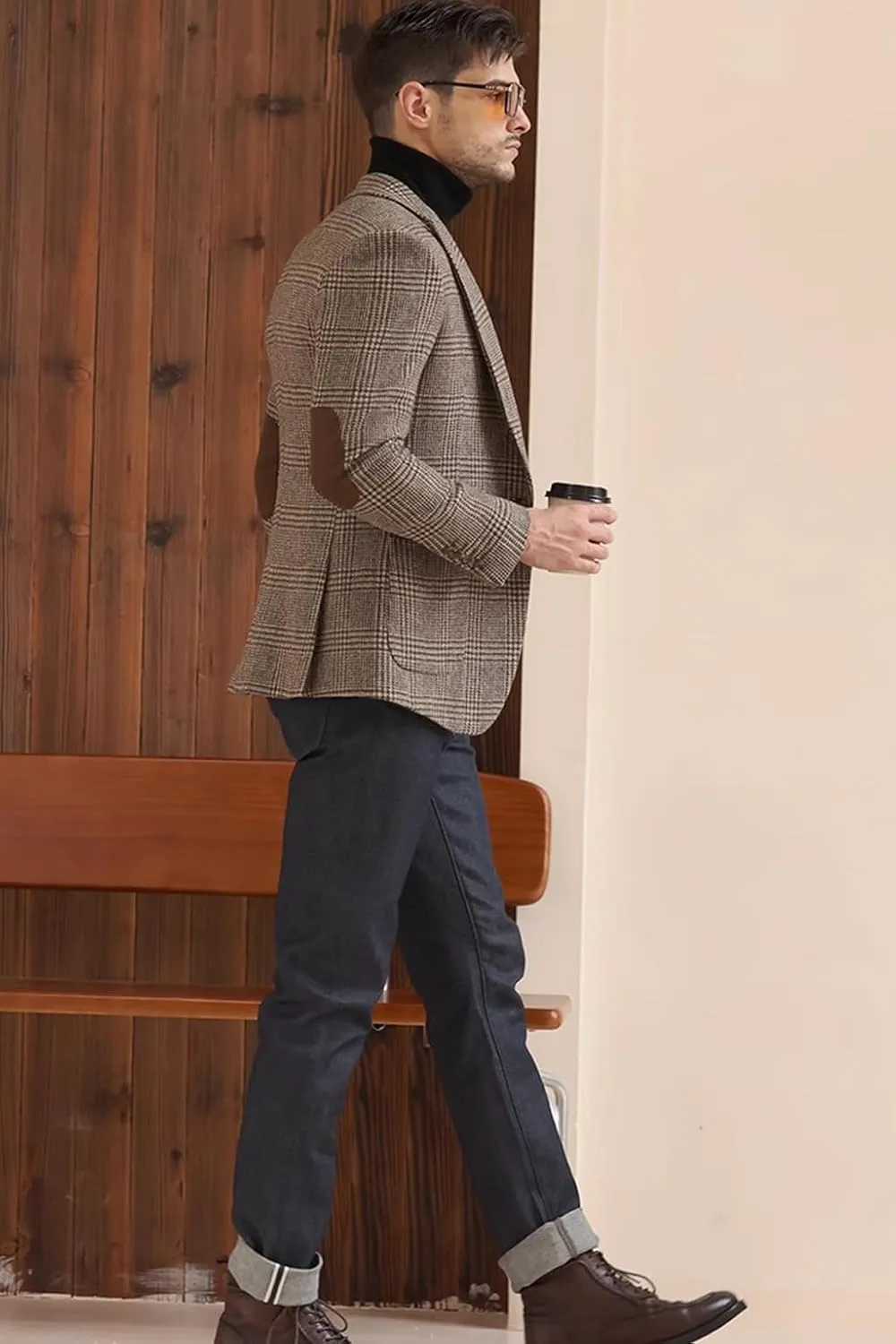 VENNYNG Brown Men's Tweed Blazer Suit Jacket with Elbow Patches Single Breasted Male Short Vintage Trench Coat