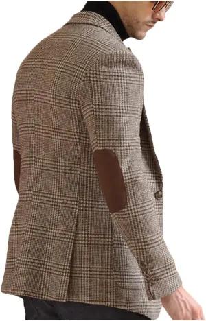 VENNYNG Brown Men's Tweed Blazer Suit Jacket with Elbow Patches Single Breasted Male Short Vintage Trench Coat