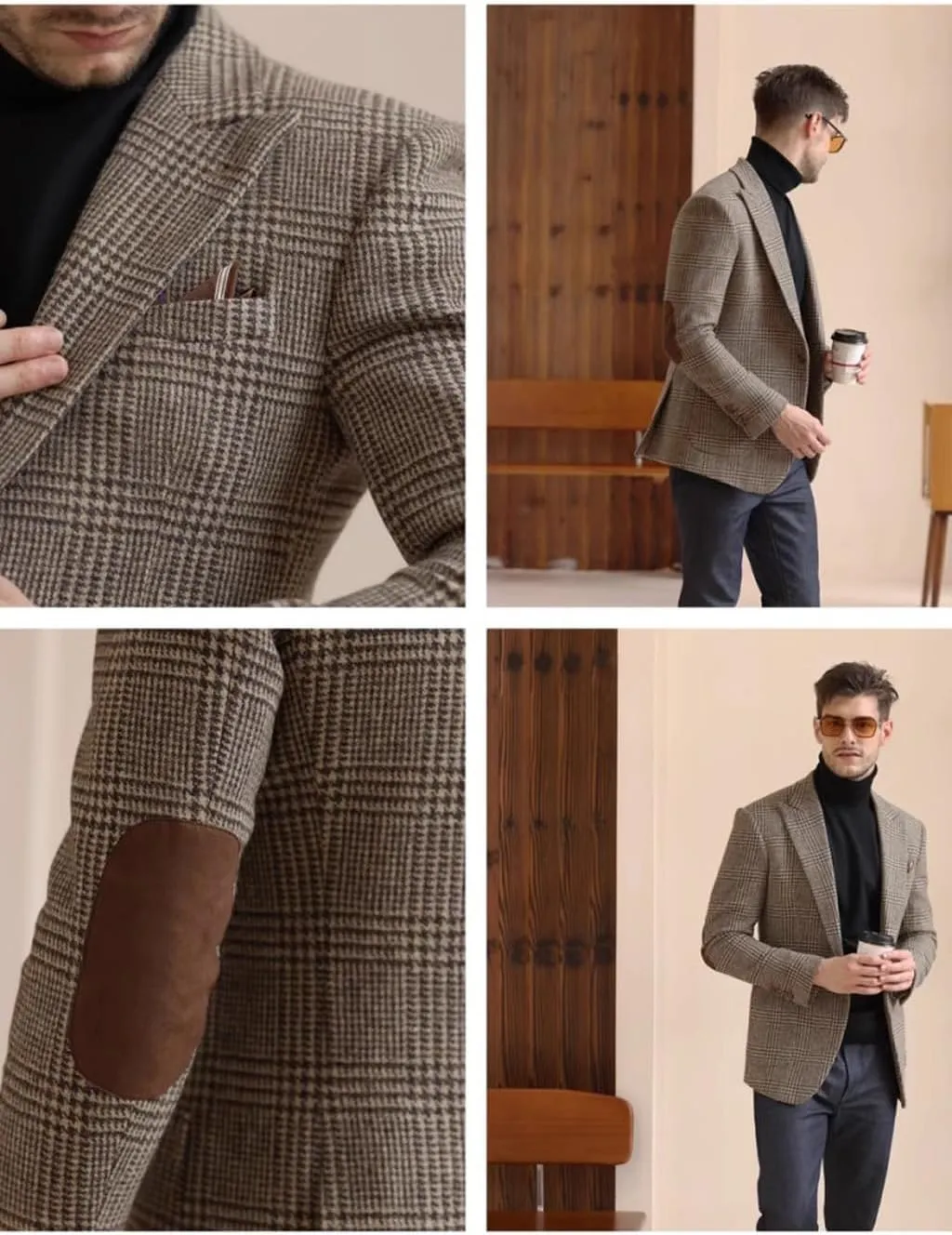 VENNYNG Brown Men's Tweed Blazer Suit Jacket with Elbow Patches Single Breasted Male Short Vintage Trench Coat