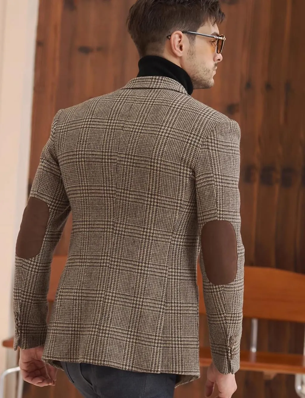 VENNYNG Brown Men's Tweed Blazer Suit Jacket with Elbow Patches Single Breasted Male Short Vintage Trench Coat
