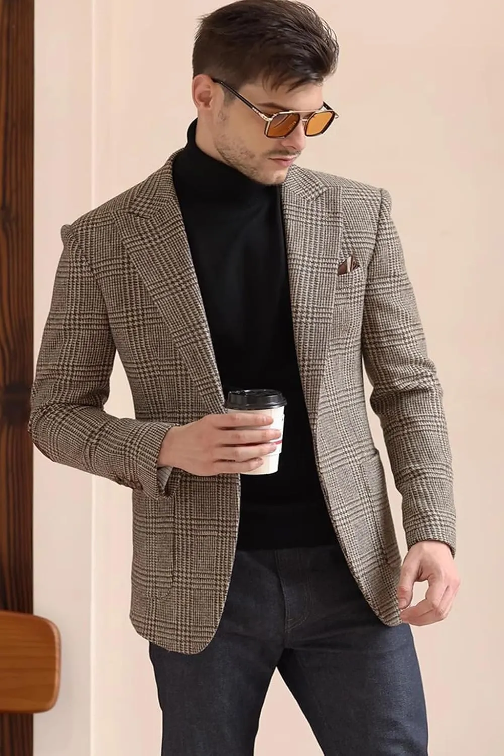 VENNYNG Brown Men's Tweed Blazer Suit Jacket with Elbow Patches Single Breasted Male Short Vintage Trench Coat