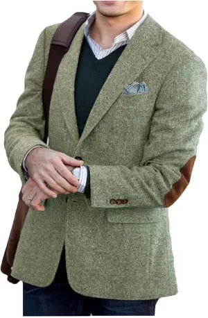 VENNYNG Brown Men's Tweed Blazer Suit Jacket with Elbow Patches Single Breasted Male Short Vintage Trench Coat