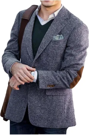 VENNYNG Brown Men's Tweed Blazer Suit Jacket with Elbow Patches Single Breasted Male Short Vintage Trench Coat