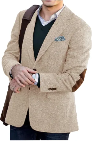 VENNYNG Men's Tweed Blazer Single Beasted Jacket with Elbow Patches Men Spring Short Vintage Trench Coat Beige