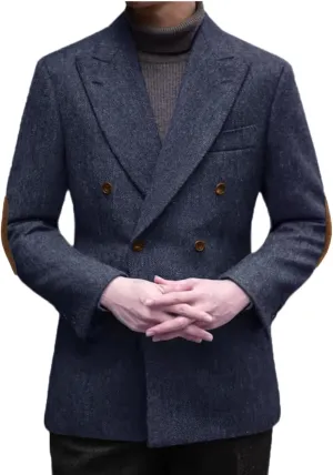 VENNYNG Men's Tweed Jacket with Elbow Paths Single Breasted Blazer Vintage Coat Tailored Fit Two-Buttons