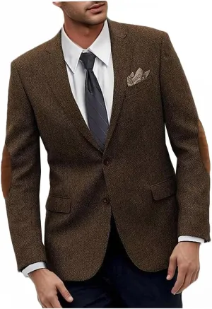 VENNYNG Men's Tweed Jacket with Elbow Paths Single Breasted Blazer Vintage Coat Tailored Fit Two-Buttons