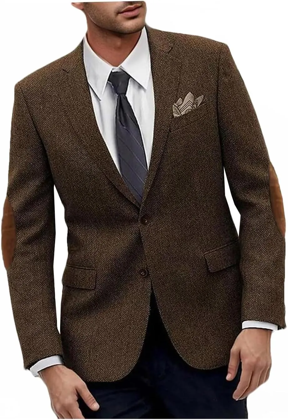 VENNYNG Men's Tweed Jacket with Elbow Paths Single Breasted Blazer Vintage Coat Tailored Fit Two-Buttons