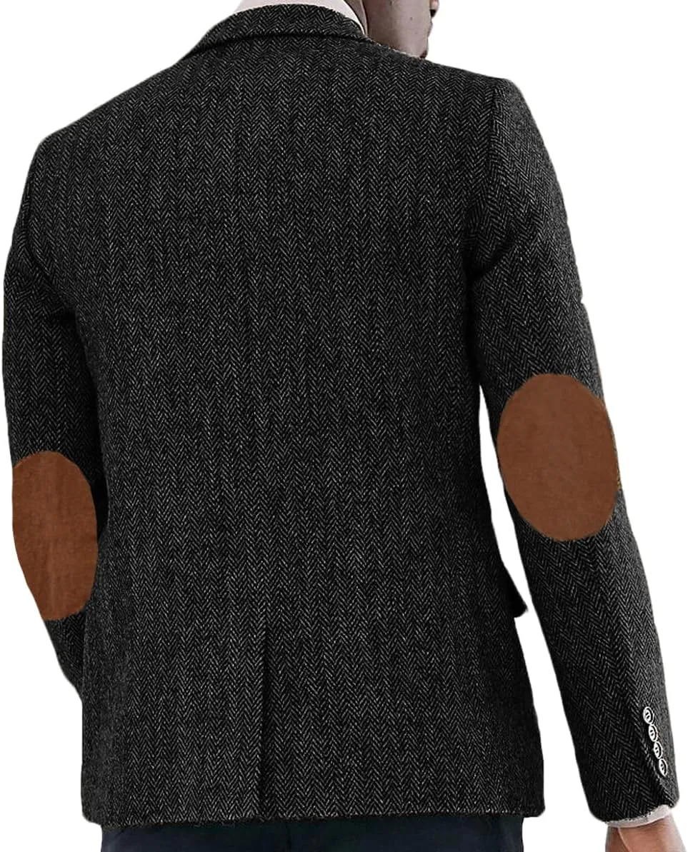 VENNYNG Men's Tweed Jacket with Elbow Paths Single Breasted Blazer Vintage Coat Tailored Fit Two-Buttons