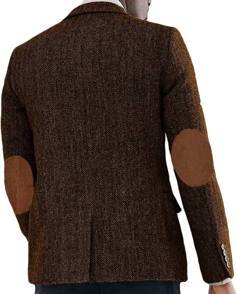 VENNYNG Men's Tweed Jacket with Elbow Paths Single Breasted Blazer Vintage Coat Tailored Fit Two-Buttons