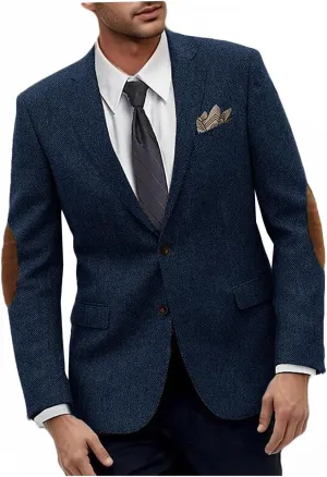 VENNYNG Men's Tweed Jacket with Elbow Paths Single Breasted Blazer Vintage Coat Tailored Fit Two-Buttons