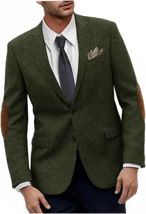 VENNYNG Men's Tweed Jacket with Elbow Paths Single Breasted Blazer Vintage Coat Tailored Fit Two-Buttons