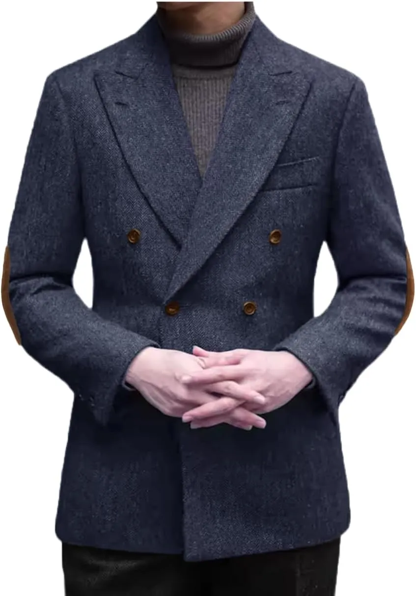 VENNYNG Men's Tweed Jacket with Elbow Paths Single Breasted Blazer Vintage Coat Tailored Fit Two-Buttons