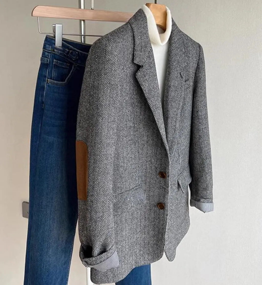 VENNYNG Men's Tweed Jacket with Elbow Paths Single Breasted Blazer Vintage Coat Tailored Fit Two-Buttons