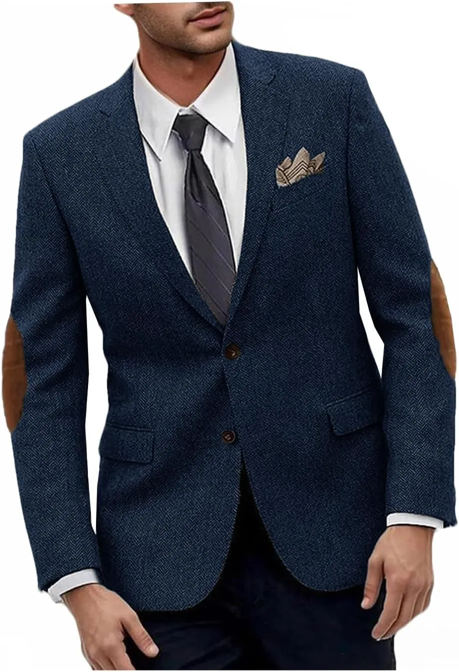 VENNYNG Men's Tweed Jacket with Elbow Paths Single Breasted Blazer Vintage Coat Tailored Fit Two-Buttons