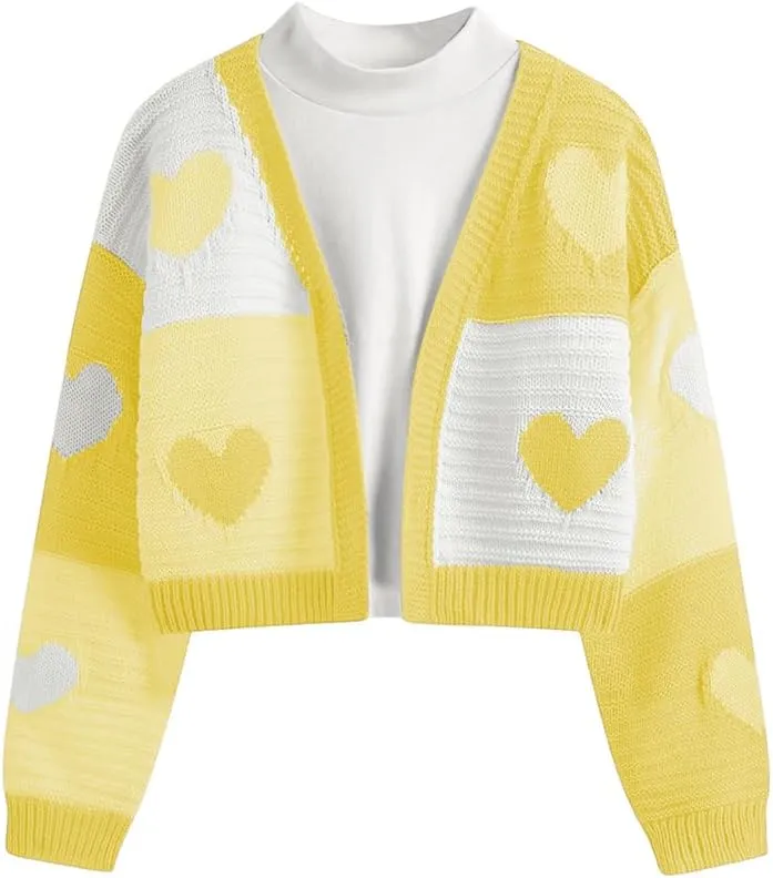 Verdusa Girl's Cute Heart Knitted Sweaters Open Front Long Sleeve Graphic Cardigan Sweater
