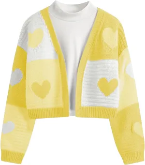Verdusa Girl's Cute Heart Knitted Sweaters Open Front Long Sleeve Graphic Cardigan Sweater