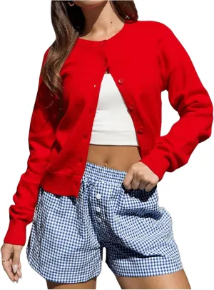 Verdusa Women's Button Front Cardigan Sweaters Round Neck Long Sleeve Knit Outwear