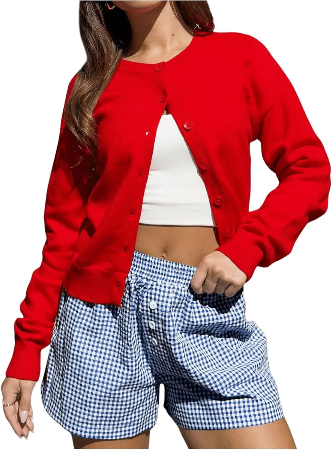 Verdusa Women's Button Front Cardigan Sweaters Round Neck Long Sleeve Knit Outwear