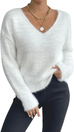 Verdusa Women's Fuzzy Sweater V Neck Drop Shoulder Long Sleeve Pullover Sweaters