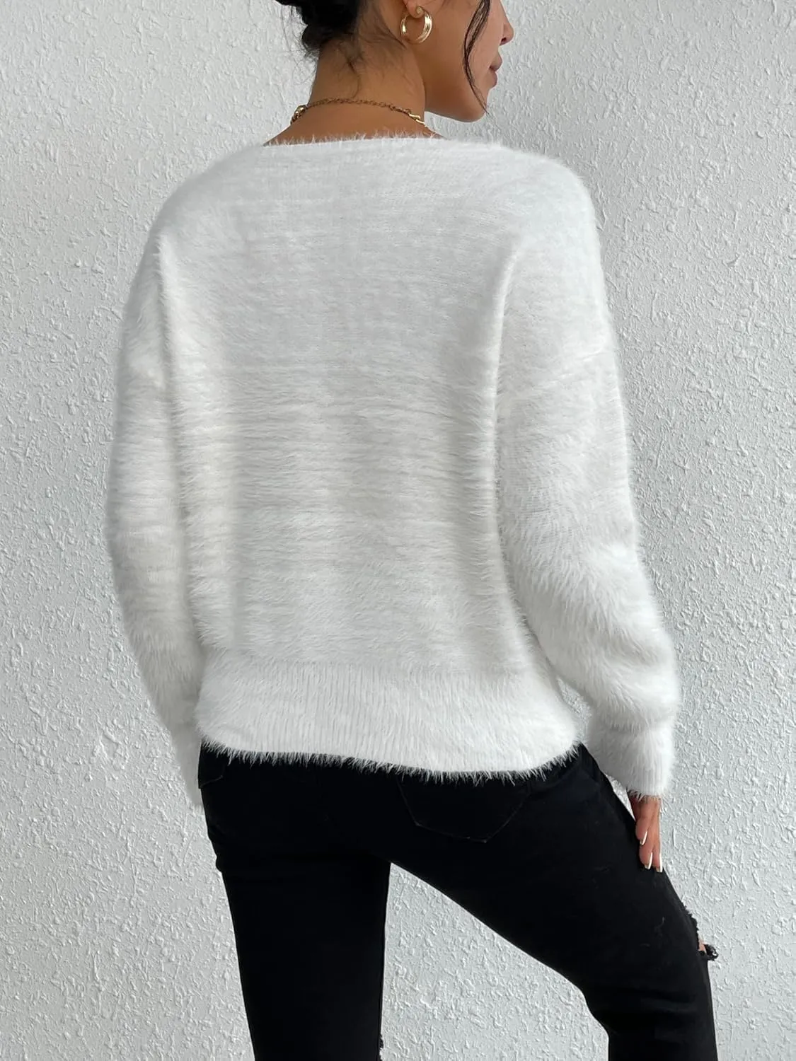 Verdusa Women's Fuzzy Sweater V Neck Drop Shoulder Long Sleeve Pullover Sweaters
