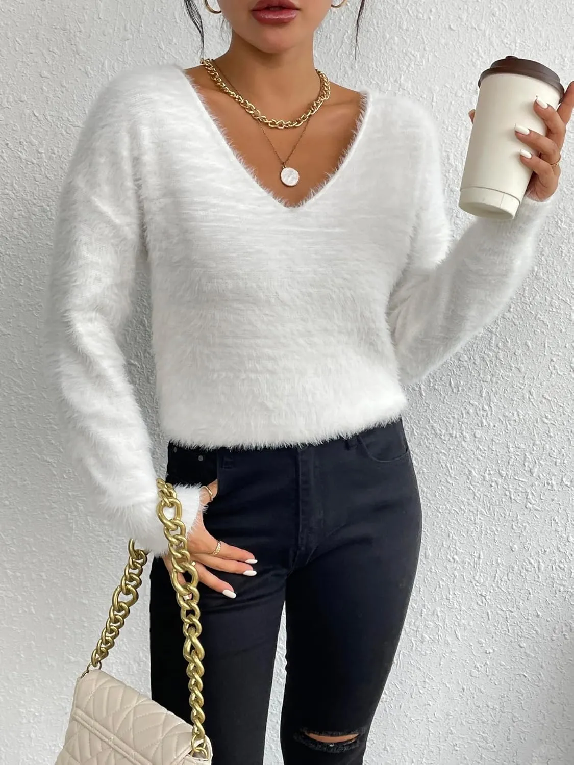 Verdusa Women's Fuzzy Sweater V Neck Drop Shoulder Long Sleeve Pullover Sweaters