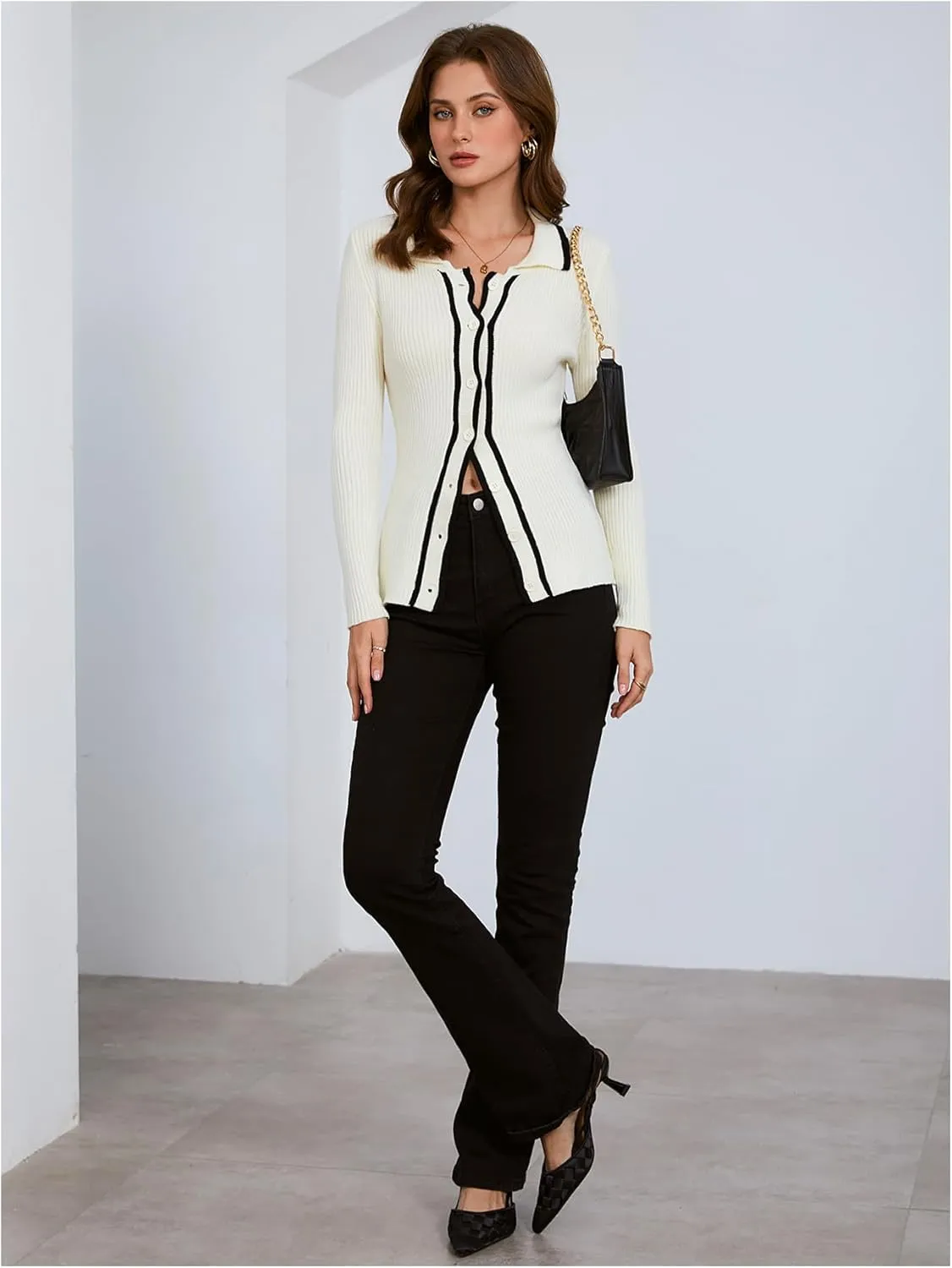 Verdusa Women's Ribbed Knit Button Down Cardigan Collared Fitted Elegant Sweater Outerwear