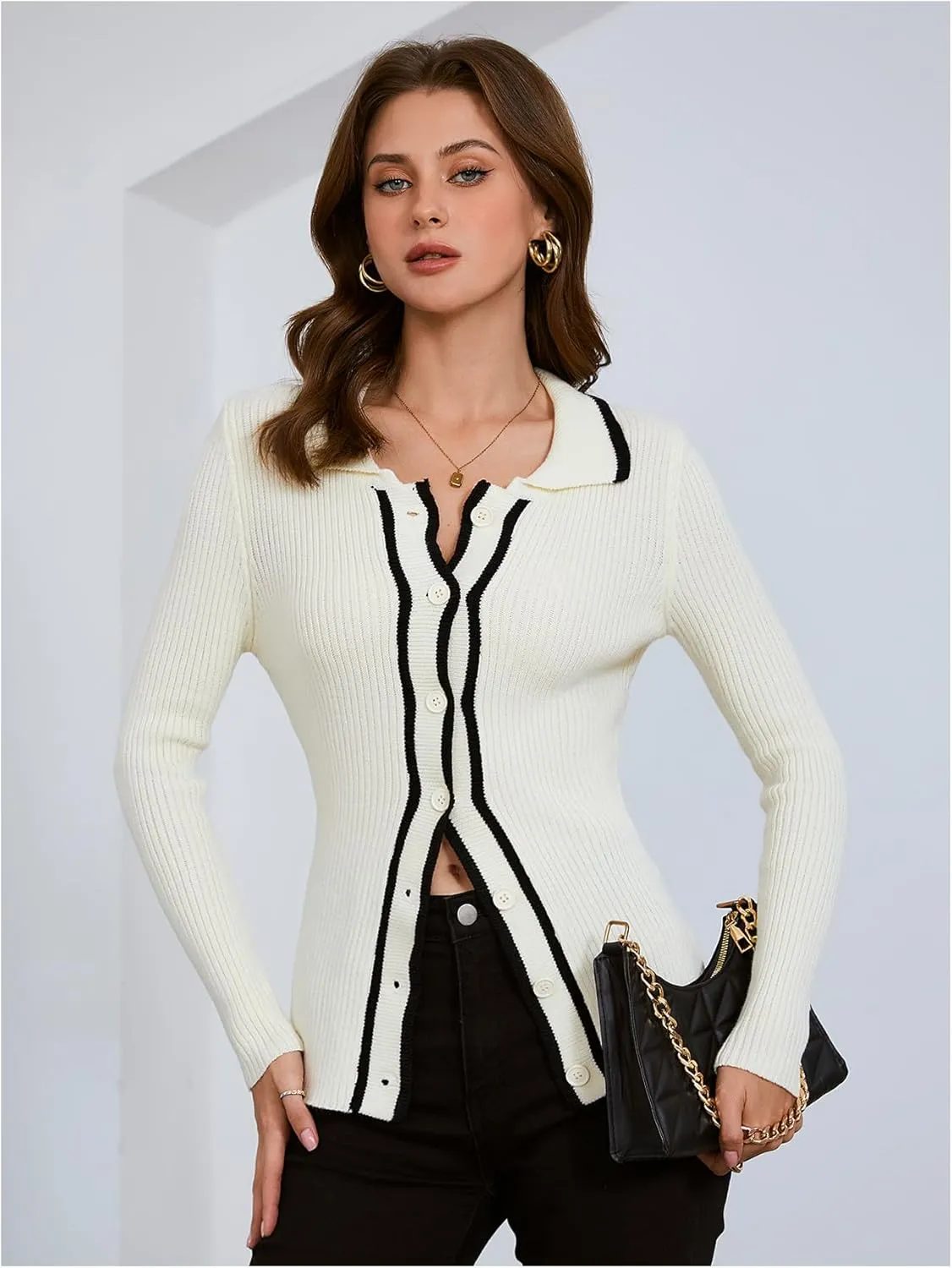 Verdusa Women's Ribbed Knit Button Down Cardigan Collared Fitted Elegant Sweater Outerwear