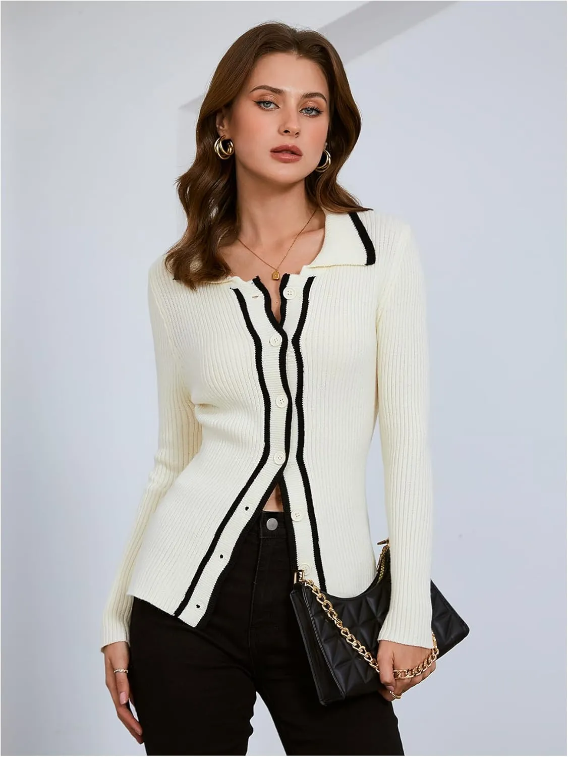 Verdusa Women's Ribbed Knit Button Down Cardigan Collared Fitted Elegant Sweater Outerwear
