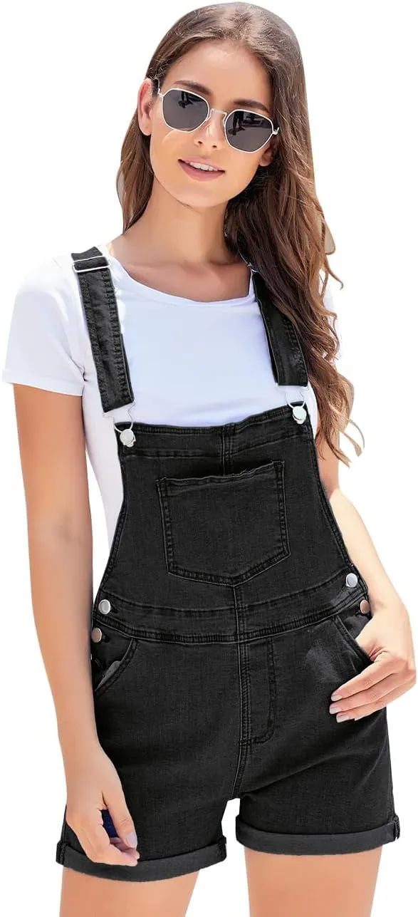 Vetinee Women's Classic Adjustable Straps Cuffed Hem Denim Bib Overalls Shorts