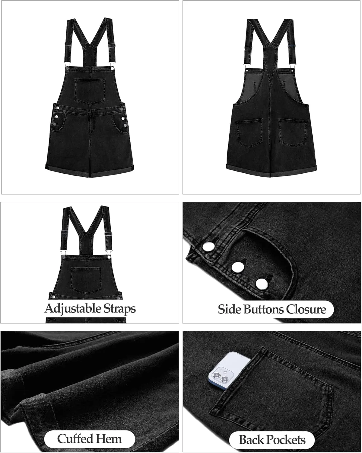Vetinee Women's Classic Adjustable Straps Cuffed Hem Denim Bib Overalls Shorts