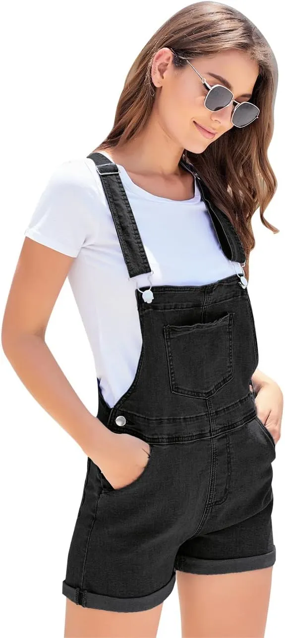 Vetinee Women's Classic Adjustable Straps Cuffed Hem Denim Bib Overalls Shorts