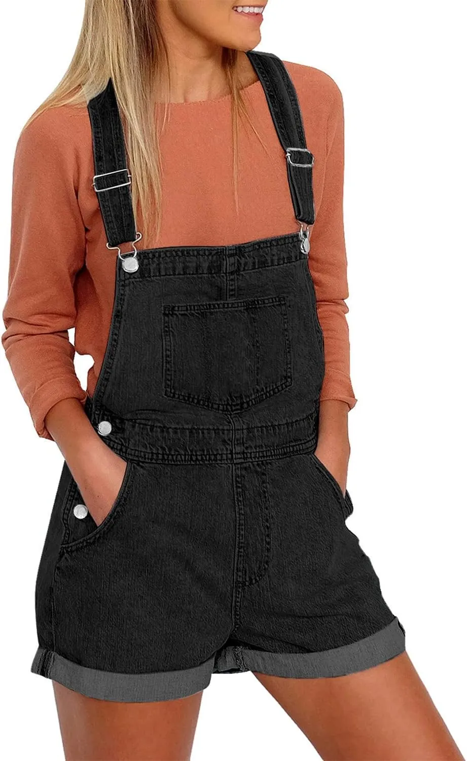 Vetinee Women's Classic Adjustable Straps Cuffed Hem Denim Bib Overalls Shorts
