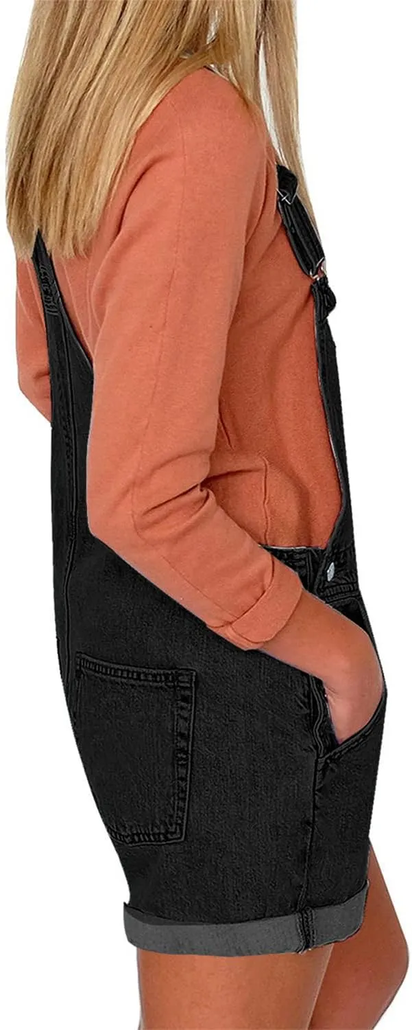 Vetinee Women's Classic Adjustable Straps Cuffed Hem Denim Bib Overalls Shorts
