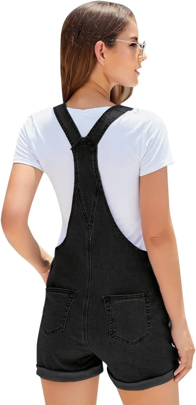 Vetinee Women's Classic Adjustable Straps Cuffed Hem Denim Bib Overalls Shorts