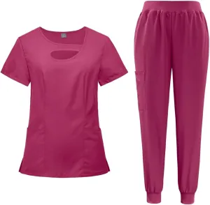 VIAOLI Scrubs Set Multiple pockets V-Neck Top and Drawstring Scrub Pant - Medical Uniform Women Scrub Set Clearance