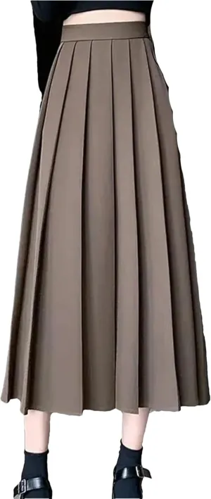 Vintage Black High Waist Pleated Skirt Women Korean Fashion Midi Long Skirt Casual Female A Line Skirts