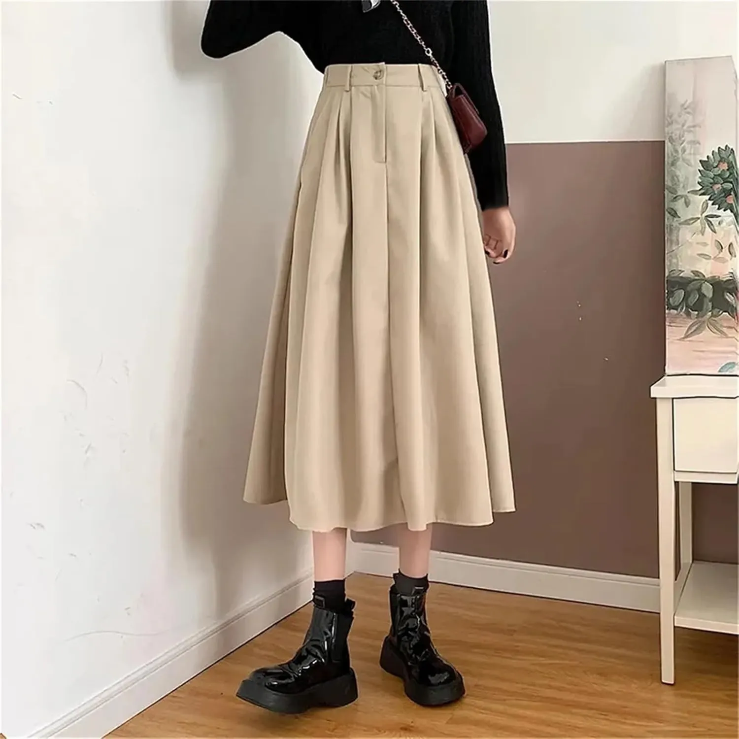 Vintage Brown Pleated Skirt Women Spring Winter Long Skirt Korean High Waist Fleece Midi A-Line Skirt Female