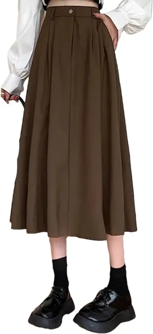 Vintage Brown Pleated Skirt Women Spring Winter Long Skirt Korean High Waist Fleece Midi A-Line Skirt Female